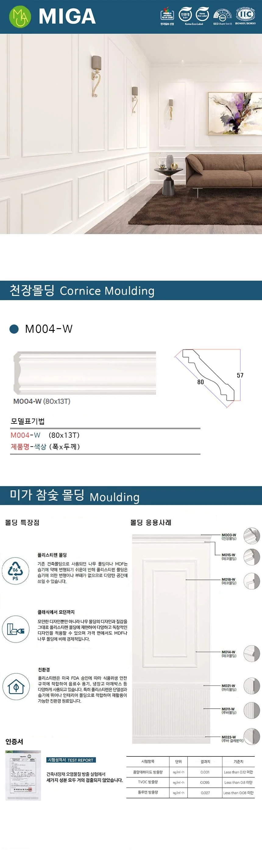 천장몰딩 M004-W / 80*13T 상세 1