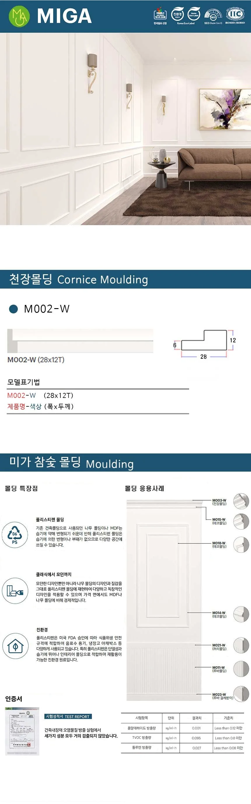 천장몰딩 M002-W / 28*12T 상세 1
