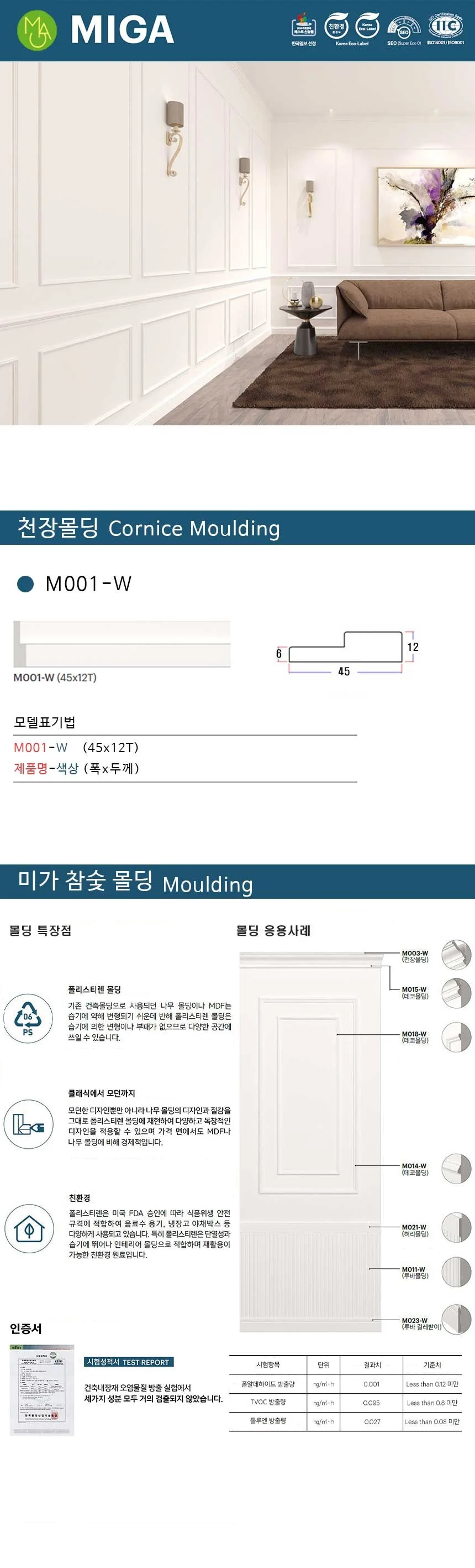 천장몰딩 M001-W / 45*12T 상세 1